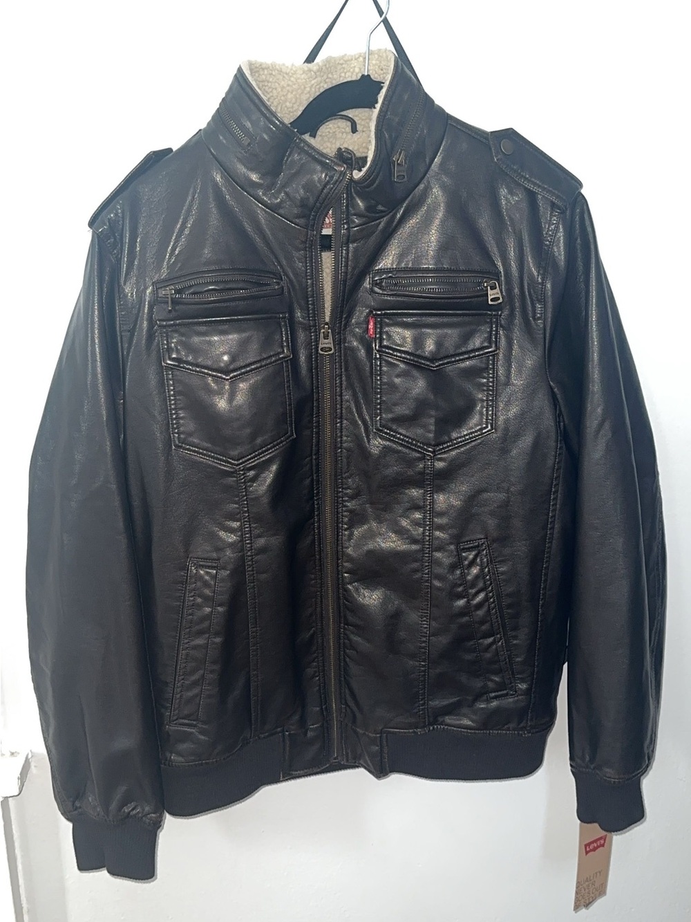 Levi's Black faux  Leather Bomber Jacket with Sherpa Lining